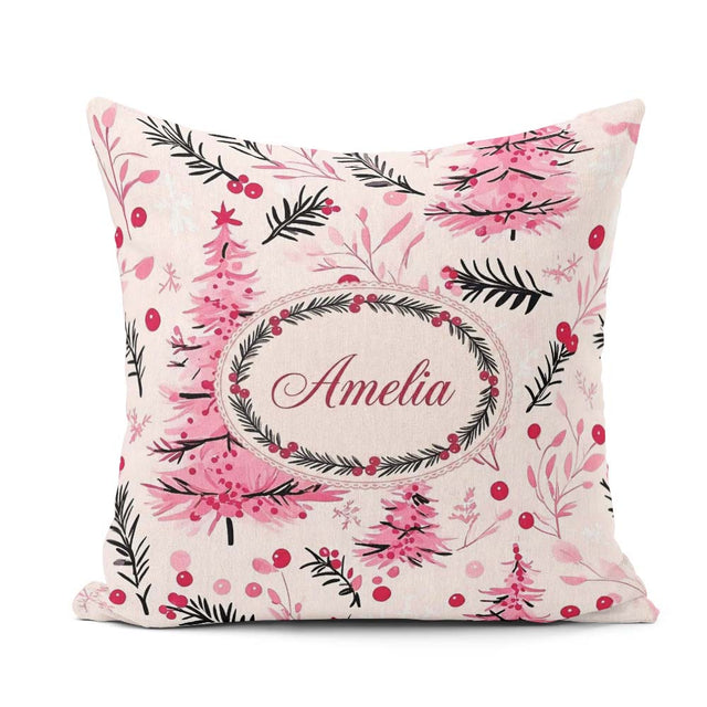 Custom Name Watercolor Christmas Trees Berries Branches Seamless Square Filled Cushion Throw Pillow Sofa Bed Home Decor Zip Washable UK Made
