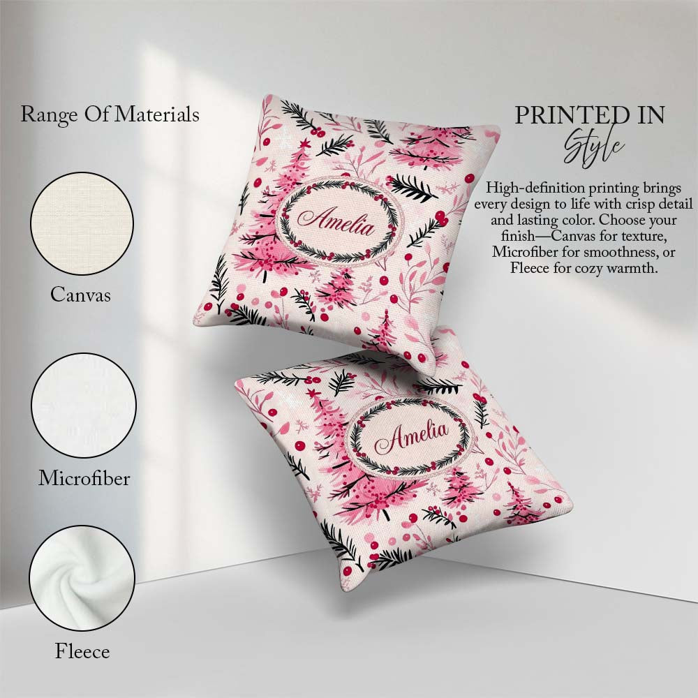 Custom Name Watercolor Christmas Trees Berries Branches Seamless Square Filled Cushion Throw Pillow Sofa Bed Home Decor Zip Washable UK Made