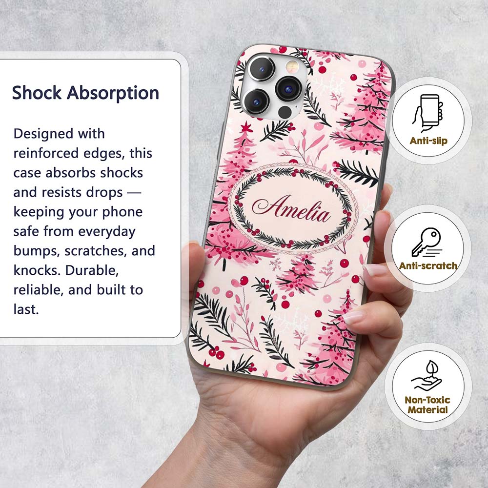 Watercolor Pink Christmas Trees Berries Branches Custom Name Protective Phone Case Mobile Cover Durable Everyday Smartphone Shock Resistant