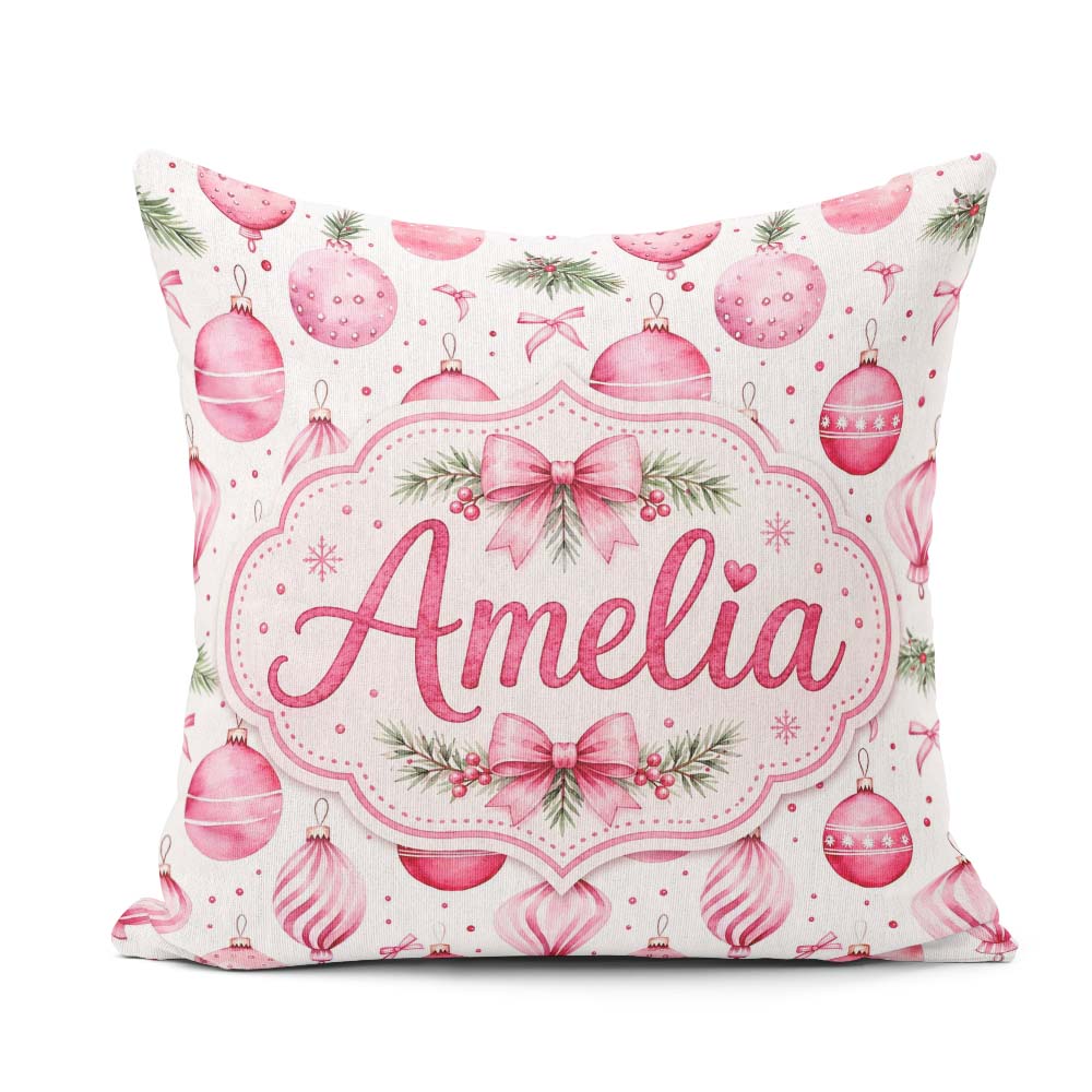 Custom Name Watercolor Pink Baubles Ribbon Pine Seamless Pattern Square Filled Cushion Throw Pillow Sofa Bed Home Decor Zip Washable UK Made
