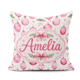Custom Name Watercolor Pink Baubles Ribbon Pine Seamless Pattern Square Filled Cushion Throw Pillow Sofa Bed Home Decor Zip Washable UK Made