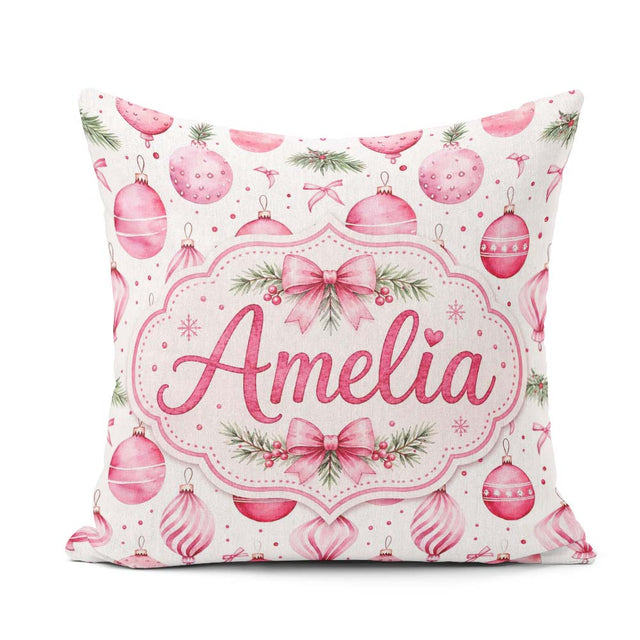 Custom Name Watercolor Pink Baubles Ribbon Pine Seamless Pattern Square Filled Cushion Throw Pillow Sofa Bed Home Decor Zip Washable UK Made