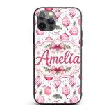 Watercolor Pink Christmas Baubles Ribbon Pine Custom Name Protective Phone Case Mobile Cover Durable Everyday Smartphone Shock Resistant