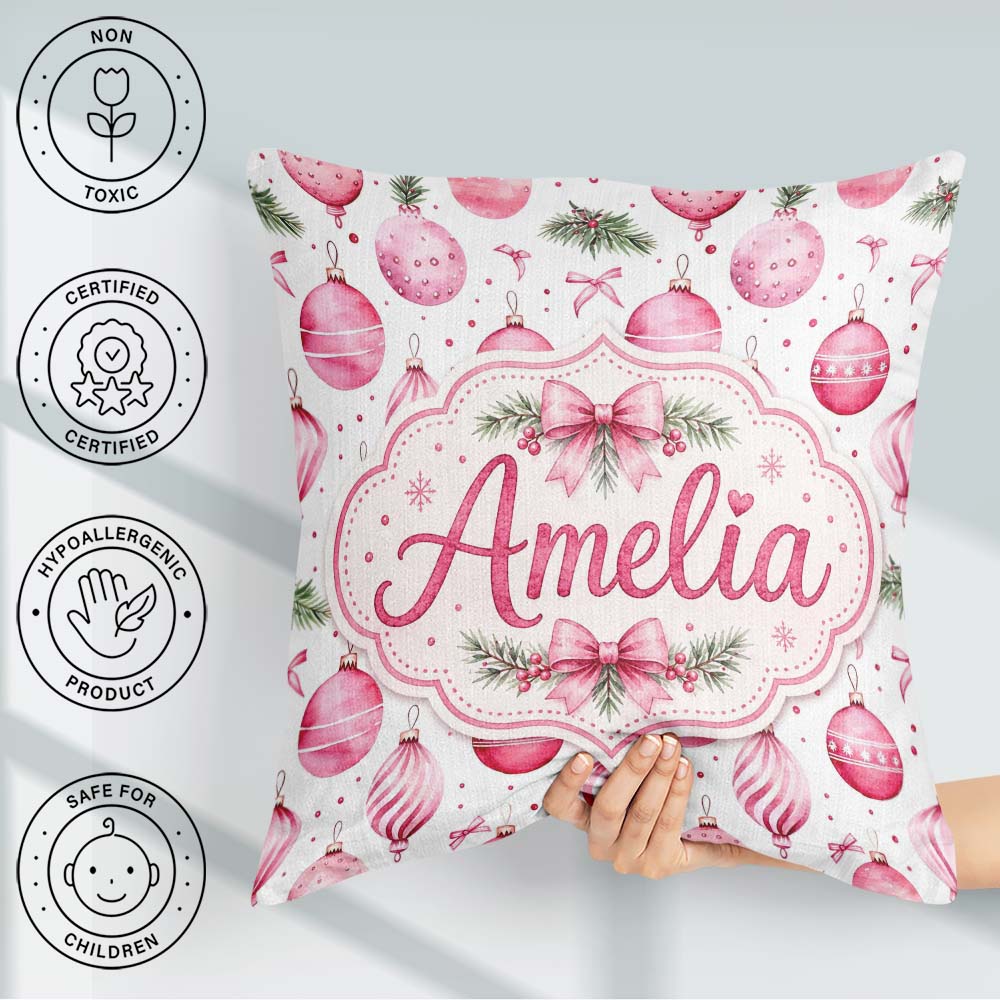 Custom Name Watercolor Pink Baubles Ribbon Pine Seamless Pattern Square Filled Cushion Throw Pillow Sofa Bed Home Decor Zip Washable UK Made