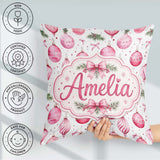Custom Name Watercolor Pink Baubles Ribbon Pine Seamless Pattern Square Filled Cushion Throw Pillow Sofa Bed Home Decor Zip Washable UK Made