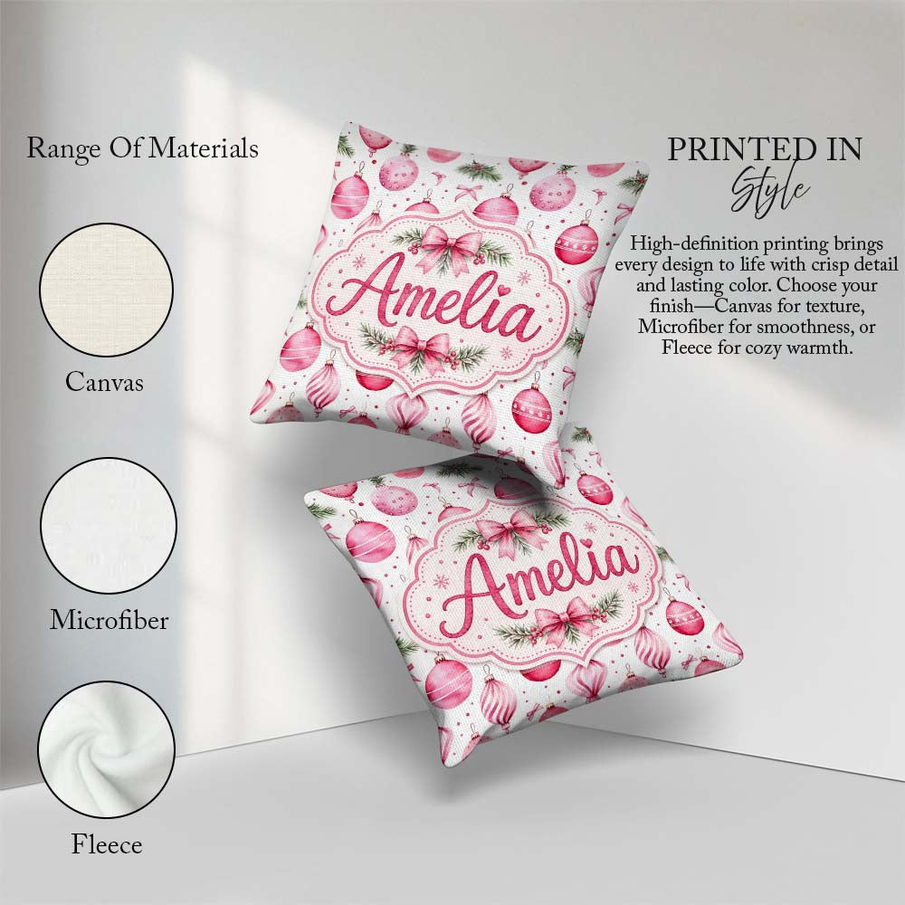Custom Name Watercolor Pink Baubles Ribbon Pine Seamless Pattern Square Filled Cushion Throw Pillow Sofa Bed Home Decor Zip Washable UK Made