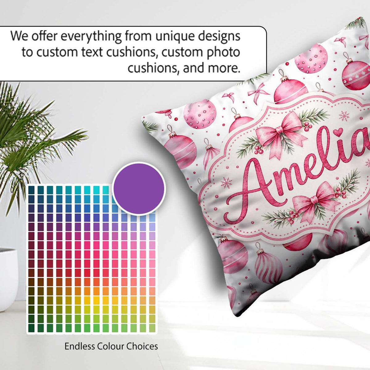 Custom Name Watercolor Pink Baubles Ribbon Pine Seamless Pattern Square Filled Cushion Throw Pillow Sofa Bed Home Decor Zip Washable UK Made