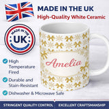 Personalized Custom Name Gold Glitter Snowflake and Bow Christmas Pattern Cute Unique Gift 11oz Ceramic Coffee Tea Mug White Large Handle