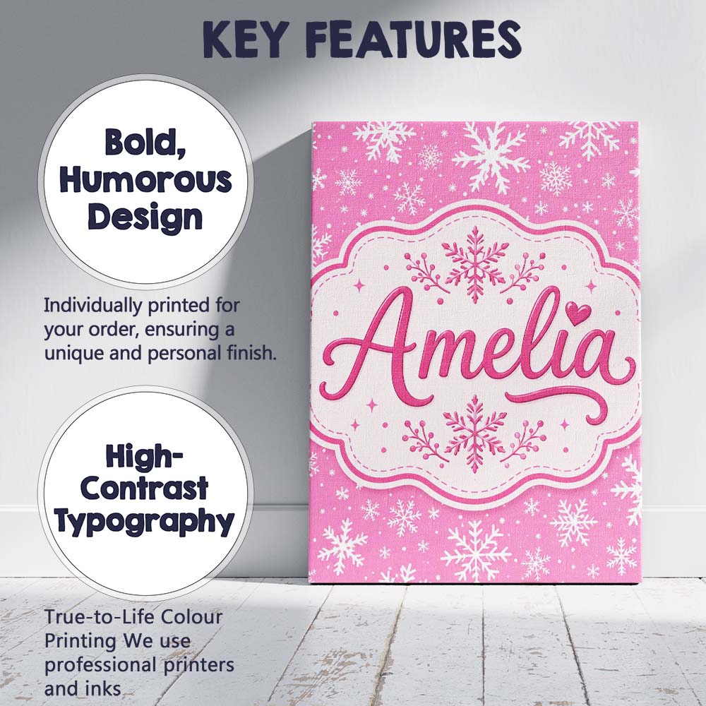 Personalised Name Pink Snowflakes Winter Custom  Unique Gift Idea Elegant Feature Canvas Wall Art Print Decor Picture Ready to Hang