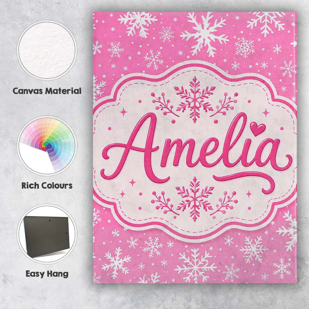 Personalised Name Pink Snowflakes Winter Custom  Unique Gift Idea Elegant Feature Canvas Wall Art Print Decor Picture Ready to Hang