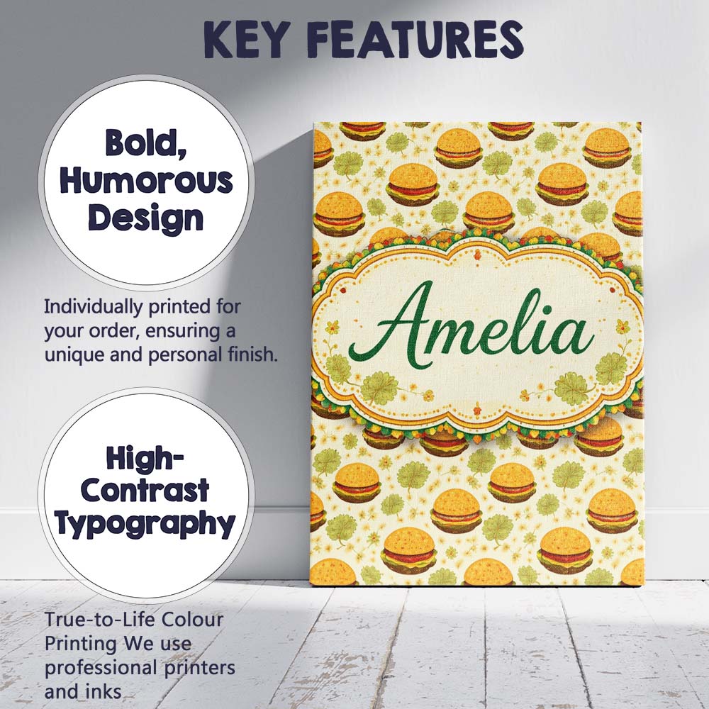 Personalised Name Autumn Burger Leaves Seamless Pattern Beige Custom Contemporary Display Canvas Wall Art Print Decor Picture Ready to Hang