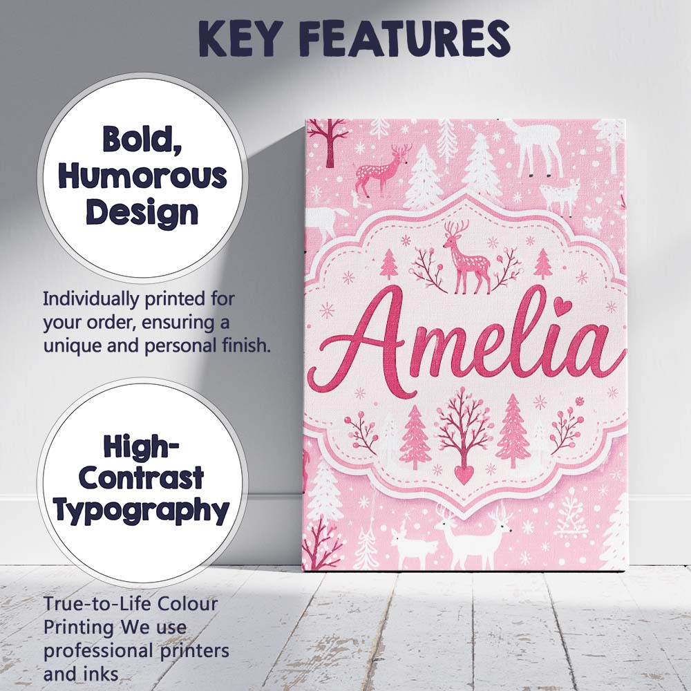 Personalised Name Cute Pink Christmas Deer Custom  Unique Gift Idea Elegant Feature Canvas Wall Art Print Decor Picture Ready to Hang
