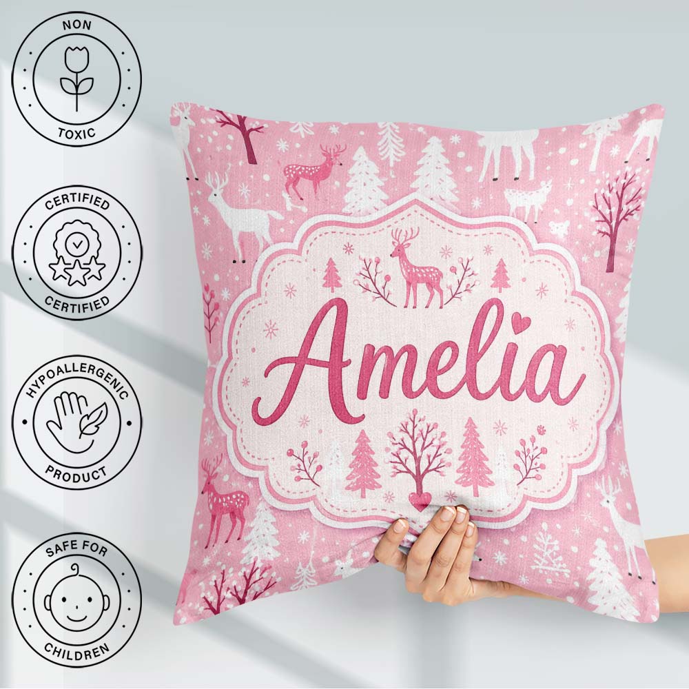 Custom Name Cute Pink Christmas Deer Forest Seamless Pattern Square Filled Cushion Throw Pillow Sofa Bed Home Decor Zip Washable UK Made