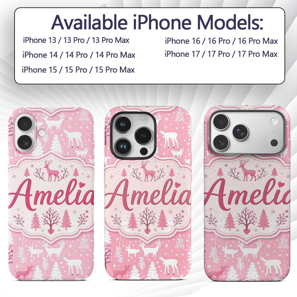 Cute Pink Christmas Deer Forest Seamless Pattern Custom Name Protective Phone Case Mobile Cover Durable Everyday Smartphone Shock Resistant