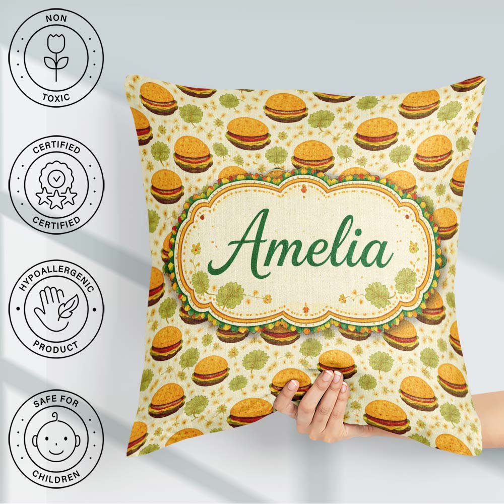 Custom Name Autumn Burger Seamless Pattern Beige Background Fast Square Filled Cushion Throw Pillow Sofa Bed Home Decor Zip Washable UK Made