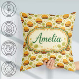 Custom Name Autumn Burger Seamless Pattern Beige Background Fast Square Filled Cushion Throw Pillow Sofa Bed Home Decor Zip Washable UK Made