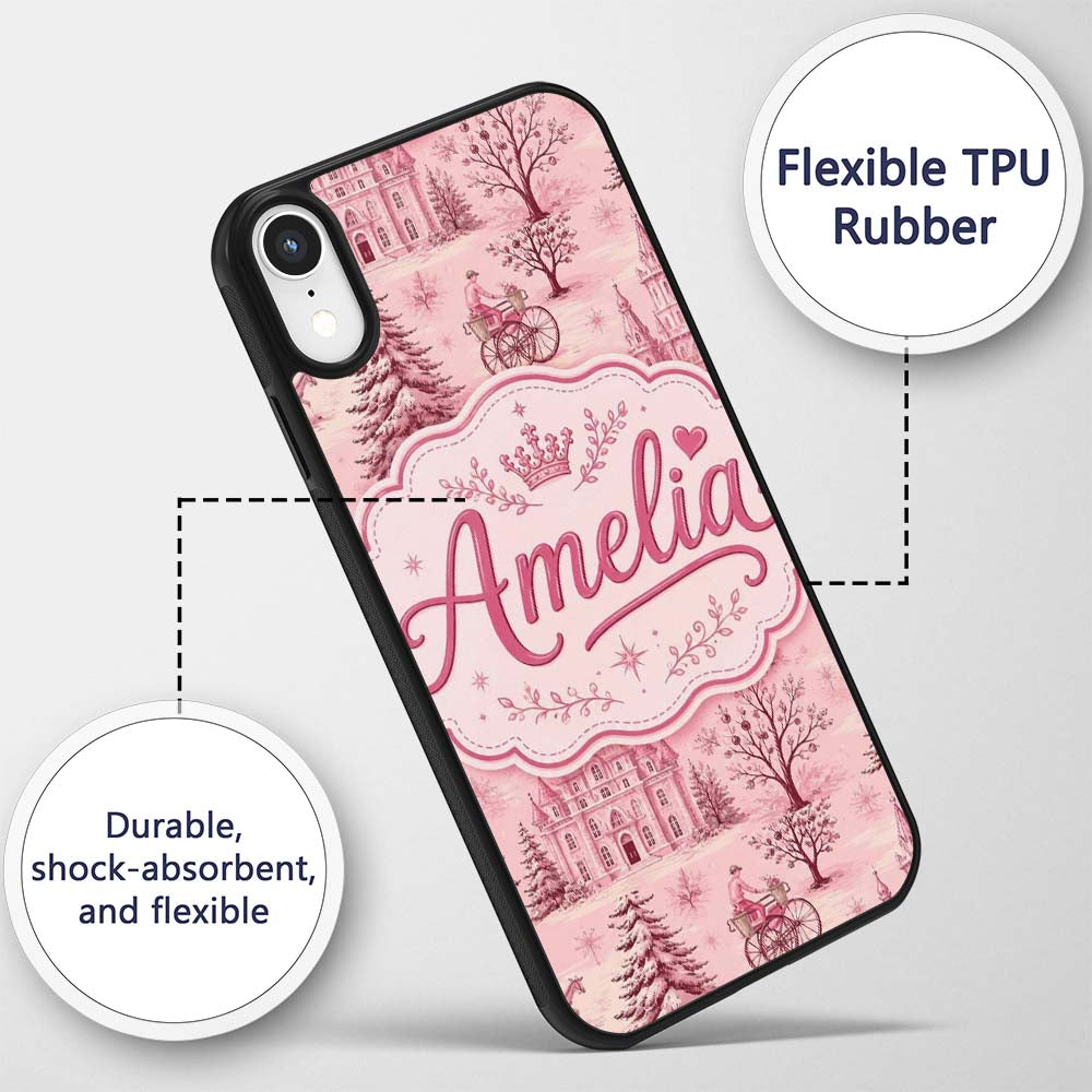 Vintage Pink Winter Village Scenic Printed Design Custom Name Protective Phone Case Mobile Cover Durable Everyday Smartphone Shock Resistant
