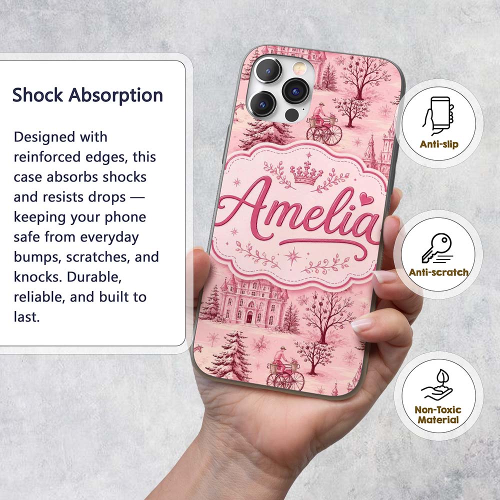 Vintage Pink Winter Village Scenic Printed Design Custom Name Protective Phone Case Mobile Cover Durable Everyday Smartphone Shock Resistant