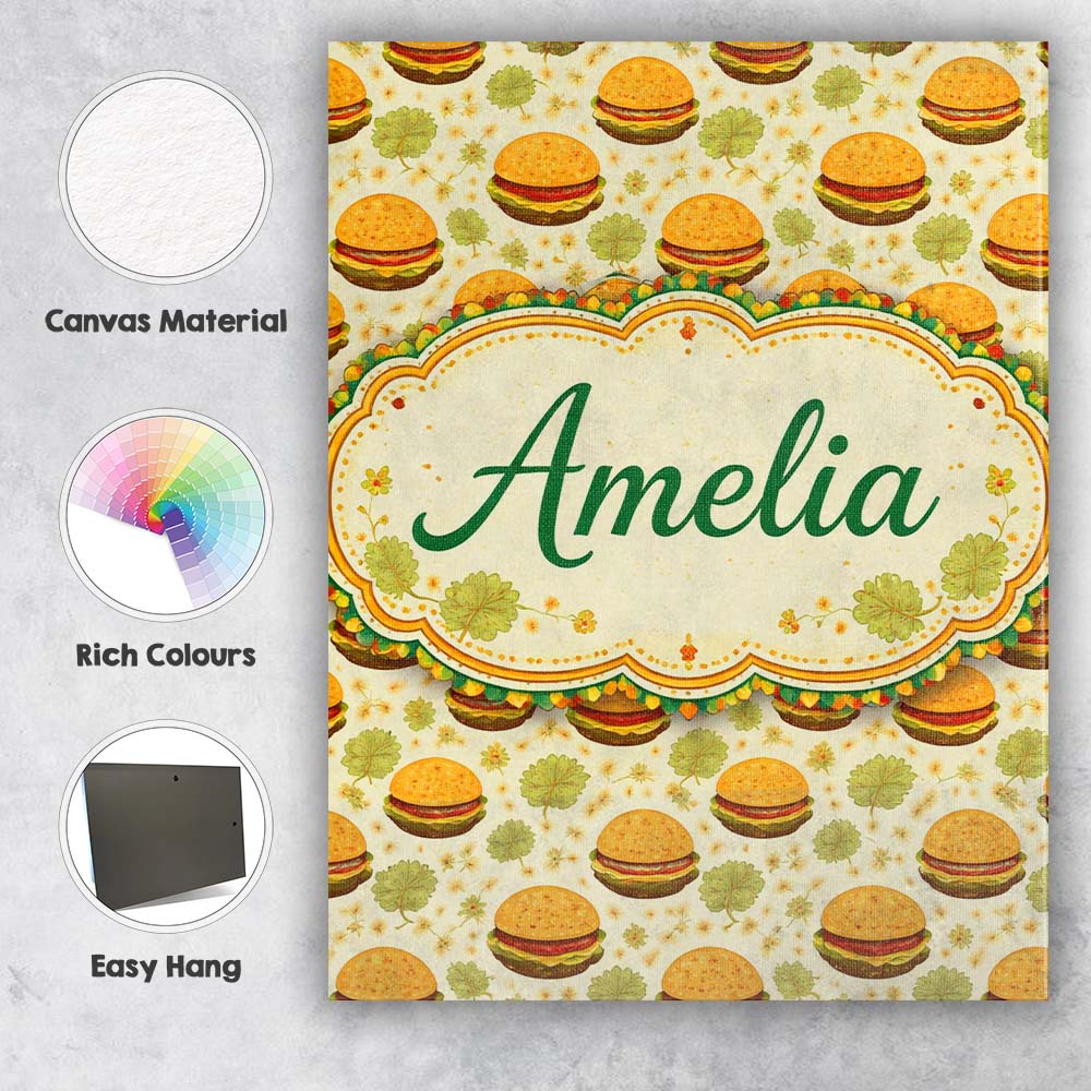 Personalised Name Autumn Burger Leaves Seamless Pattern Beige Custom Contemporary Display Canvas Wall Art Print Decor Picture Ready to Hang