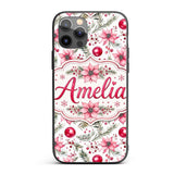 Watercolor Pink Red Berries Pine Leaves Christmas Custom Name Protective Phone Case Mobile Cover Durable Everyday Smartphone Shock Resistant