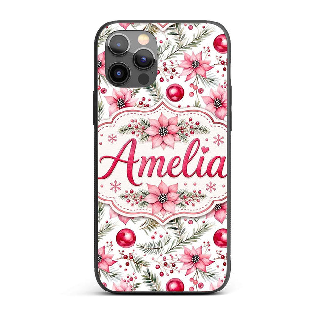 Watercolor Pink Red Berries Pine Leaves Christmas Custom Name Protective Phone Case Mobile Cover Durable Everyday Smartphone Shock Resistant