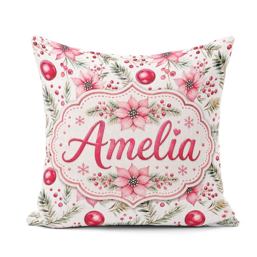 Custom Name Watercolor Pink Red Berries Leaves Christmas Pattern Square Filled Cushion Throw Pillow Sofa Bed Home Decor Zip Washable UK Made