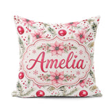 Custom Name Watercolor Pink Red Berries Leaves Christmas Pattern Square Filled Cushion Throw Pillow Sofa Bed Home Decor Zip Washable UK Made