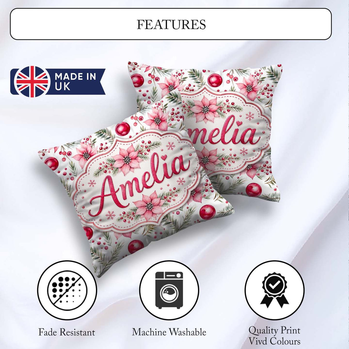 Custom Name Watercolor Pink Red Berries Leaves Christmas Pattern Square Filled Cushion Throw Pillow Sofa Bed Home Decor Zip Washable UK Made