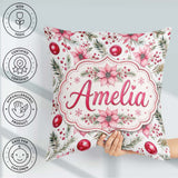 Custom Name Watercolor Pink Red Berries Leaves Christmas Pattern Square Filled Cushion Throw Pillow Sofa Bed Home Decor Zip Washable UK Made