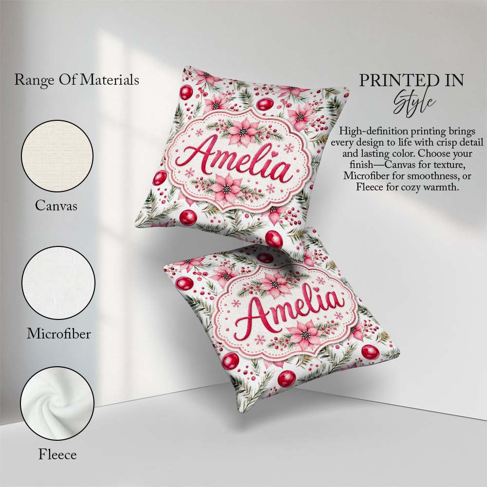 Custom Name Watercolor Pink Red Berries Leaves Christmas Pattern Square Filled Cushion Throw Pillow Sofa Bed Home Decor Zip Washable UK Made