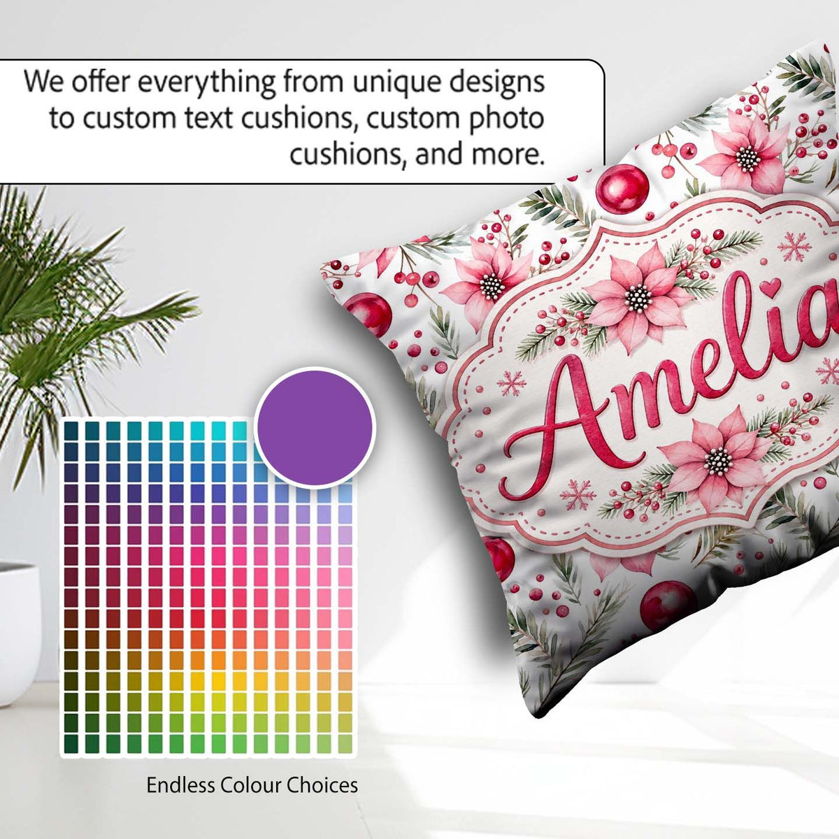 Custom Name Watercolor Pink Red Berries Leaves Christmas Pattern Square Filled Cushion Throw Pillow Sofa Bed Home Decor Zip Washable UK Made