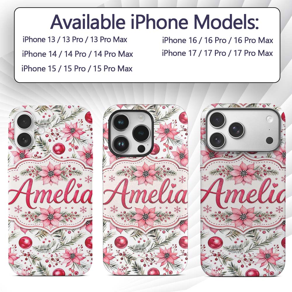 Watercolor Pink Red Berries Pine Leaves Christmas Custom Name Protective Phone Case Mobile Cover Durable Everyday Smartphone Shock Resistant