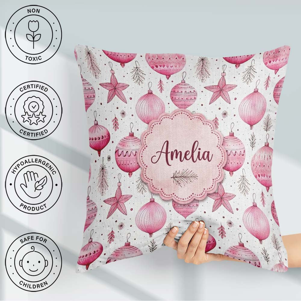 Custom Name Elegant Pink Christmas Baubles Stars Hanging Pattern Square Filled Cushion Throw Pillow Sofa Bed Home Decor Zip Washable UK Made