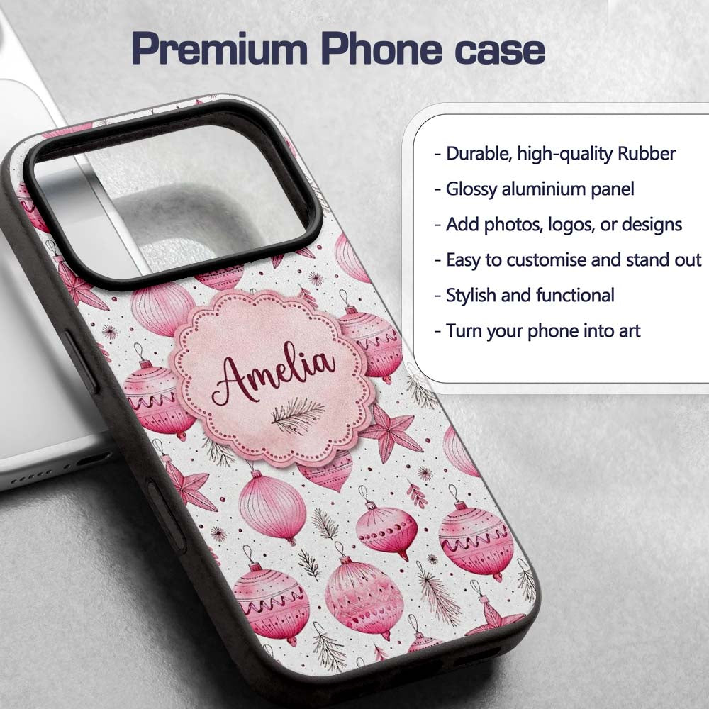 Elegant Pink Christmas Baubles Stars Hanging Custom Name Protective Phone Case Mobile Cover Durable Everyday Smartphone Shock Resistant