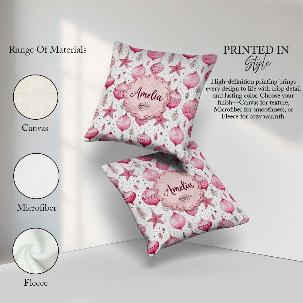 Custom Name Elegant Pink Christmas Baubles Stars Hanging Pattern Square Filled Cushion Throw Pillow Sofa Bed Home Decor Zip Washable UK Made