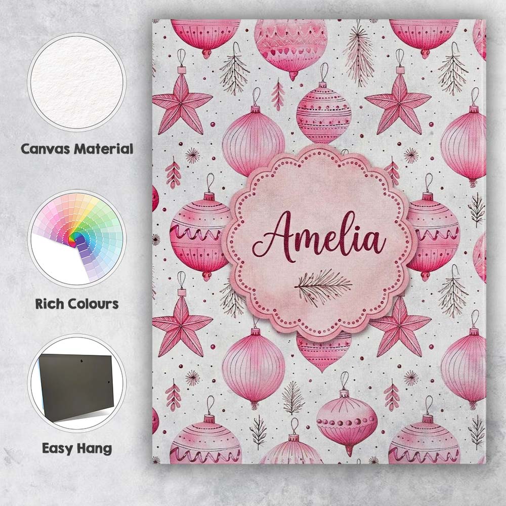 Personalised Name Elegant Pink Christmas Custom  Interior Decorative Contemporary Canvas Wall Art Print Decor Picture Ready to Hang