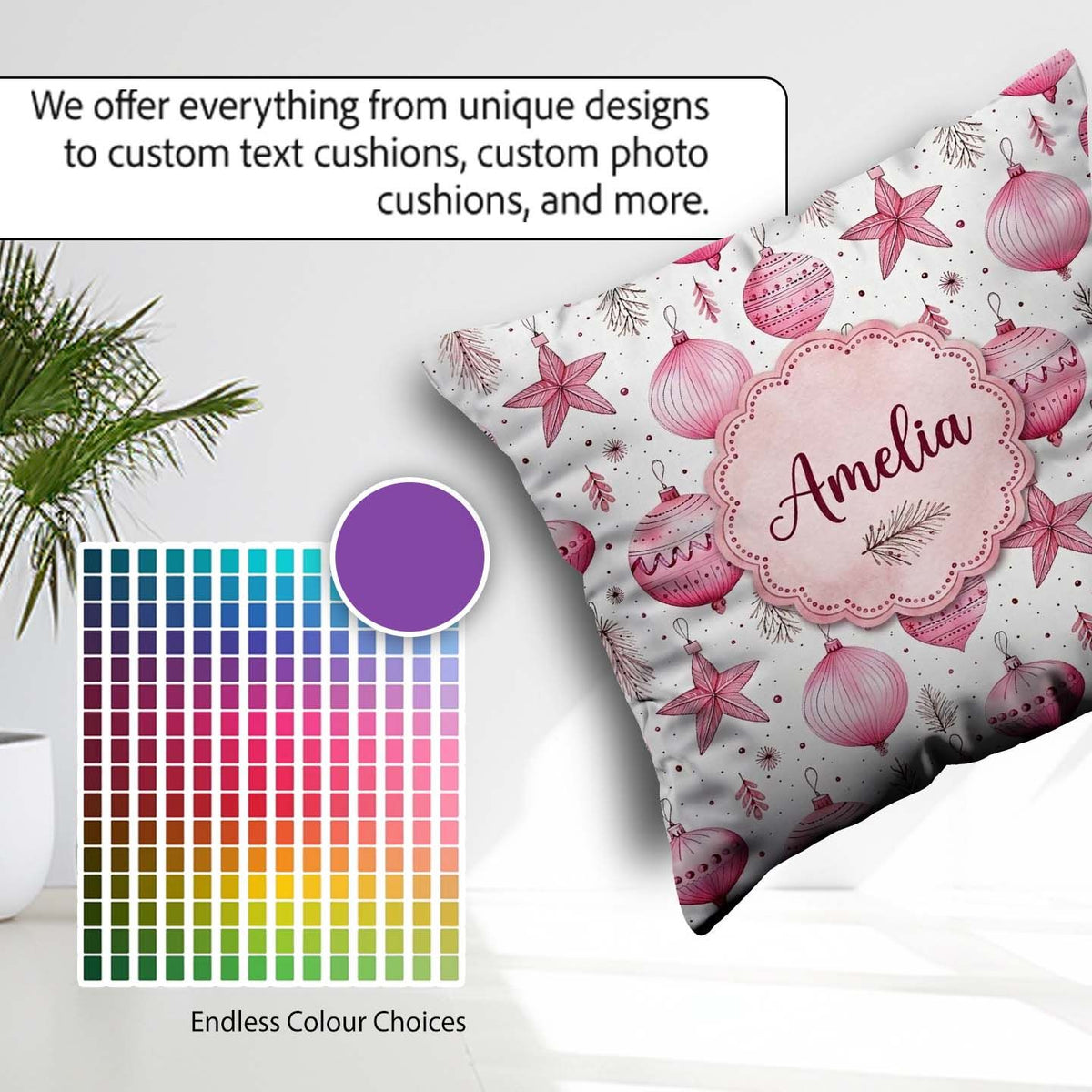 Custom Name Elegant Pink Christmas Baubles Stars Hanging Pattern Square Filled Cushion Throw Pillow Sofa Bed Home Decor Zip Washable UK Made