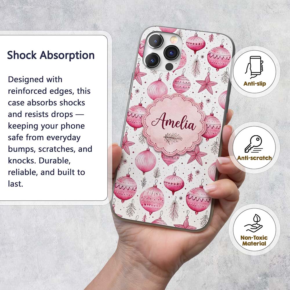 Elegant Pink Christmas Baubles Stars Hanging Custom Name Protective Phone Case Mobile Cover Durable Everyday Smartphone Shock Resistant
