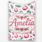 Watercolor Pink Baubles Pine Branches Berry Christmas Seamless  Personalised Custom Name Super Soft Fleece Blanket Bed Sofa Throw