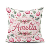 Custom Name Watercolor Pink Baubles Pine Branches Berry Seamless Square Filled Cushion Throw Pillow Sofa Bed Home Decor Zip Washable UK Made