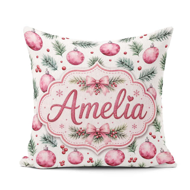 Custom Name Watercolor Pink Baubles Pine Branches Berry Seamless Square Filled Cushion Throw Pillow Sofa Bed Home Decor Zip Washable UK Made