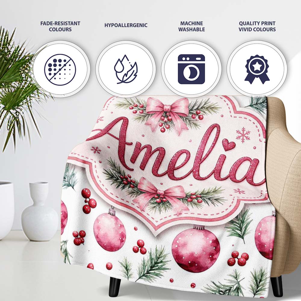 Watercolor Pink Baubles Pine Branches Berry Christmas Seamless  Personalised Custom Name Super Soft Fleece Blanket Bed Sofa Throw