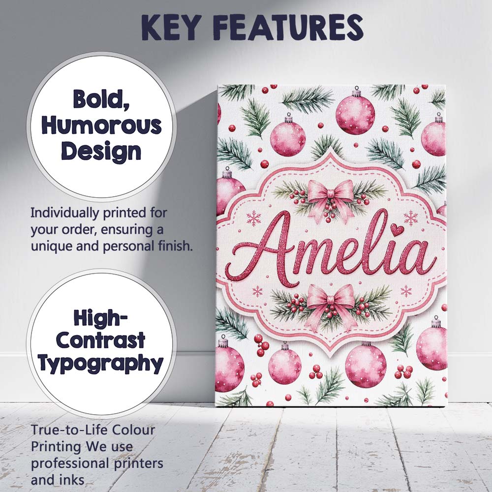 Personalised Name Watercolor Pink Baubles Custom  Unique Gift Idea Elegant Feature Canvas Wall Art Print Decor Picture Ready to Hang
