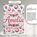 Watercolor Pink Baubles Pine Branches Berry Christmas Seamless  Personalised Custom Name Super Soft Fleece Blanket Bed Sofa Throw