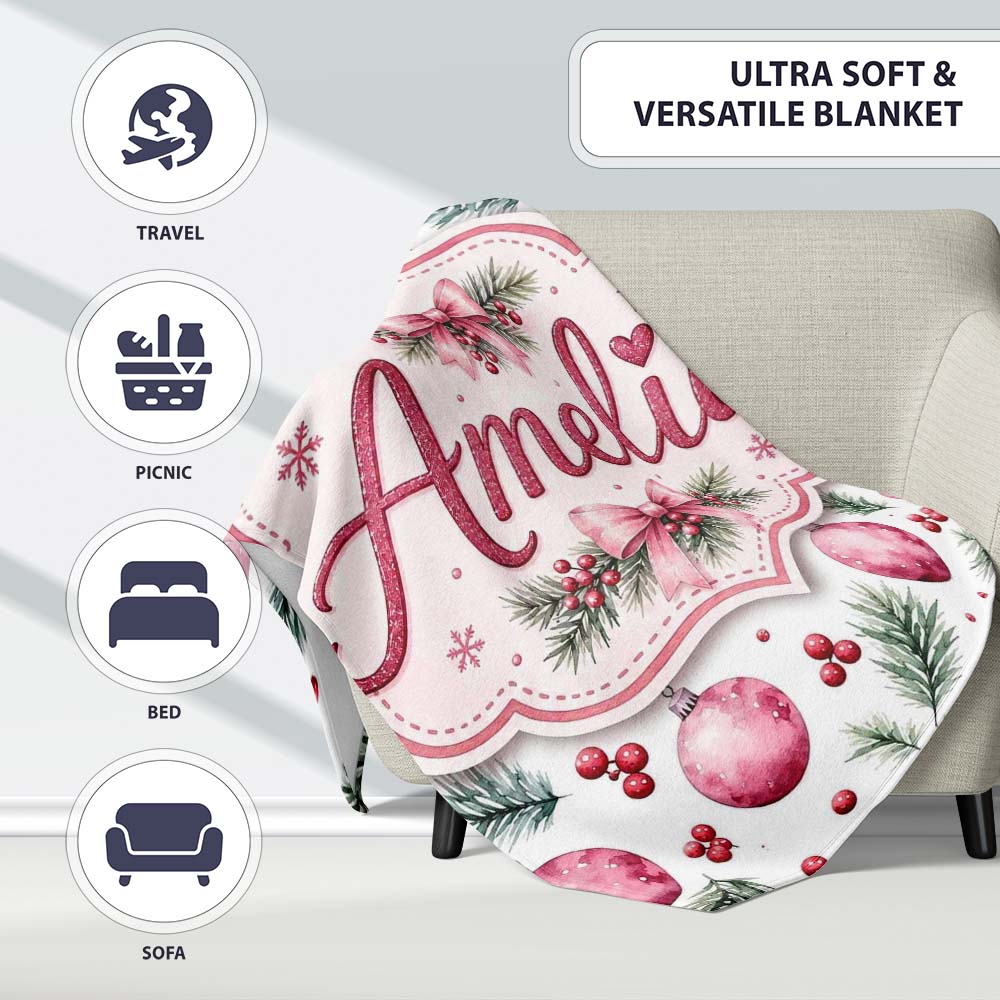 Watercolor Pink Baubles Pine Branches Berry Christmas Seamless  Personalised Custom Name Super Soft Fleece Blanket Bed Sofa Throw