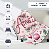 Watercolor Pink Baubles Pine Branches Berry Christmas Seamless  Personalised Custom Name Super Soft Fleece Blanket Bed Sofa Throw