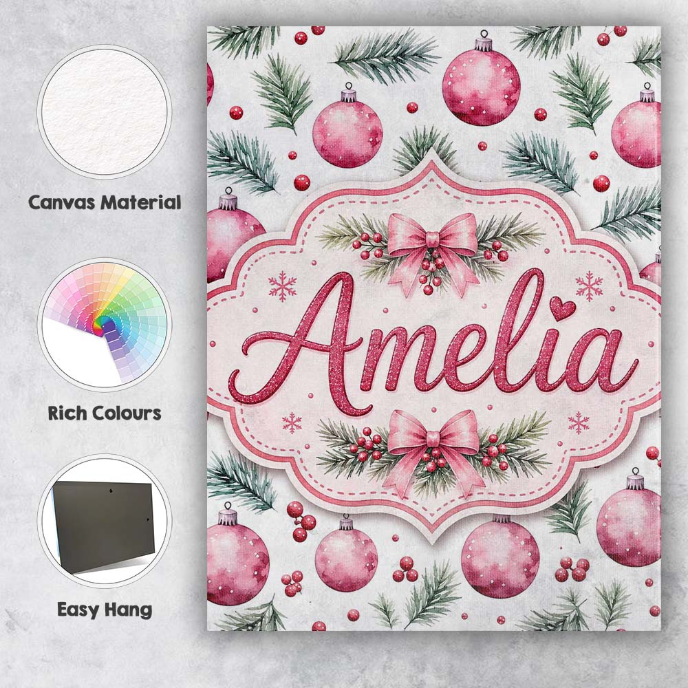 Personalised Name Watercolor Pink Baubles Custom  Unique Gift Idea Elegant Feature Canvas Wall Art Print Decor Picture Ready to Hang