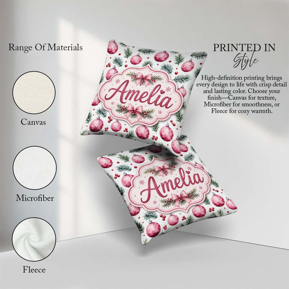 Custom Name Watercolor Pink Baubles Pine Branches Berry Seamless Square Filled Cushion Throw Pillow Sofa Bed Home Decor Zip Washable UK Made