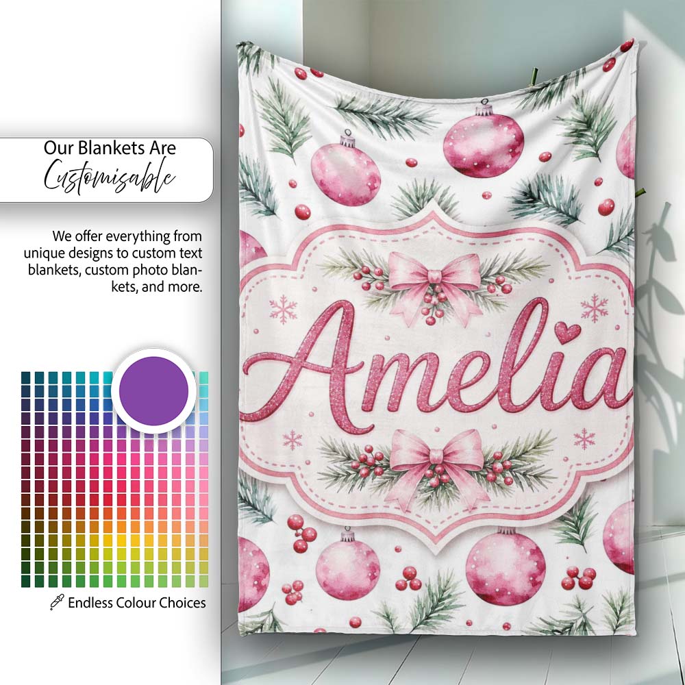 Watercolor Pink Baubles Pine Branches Berry Christmas Seamless  Personalised Custom Name Super Soft Fleece Blanket Bed Sofa Throw