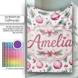 Watercolor Pink Baubles Pine Branches Berry Christmas Seamless  Personalised Custom Name Super Soft Fleece Blanket Bed Sofa Throw